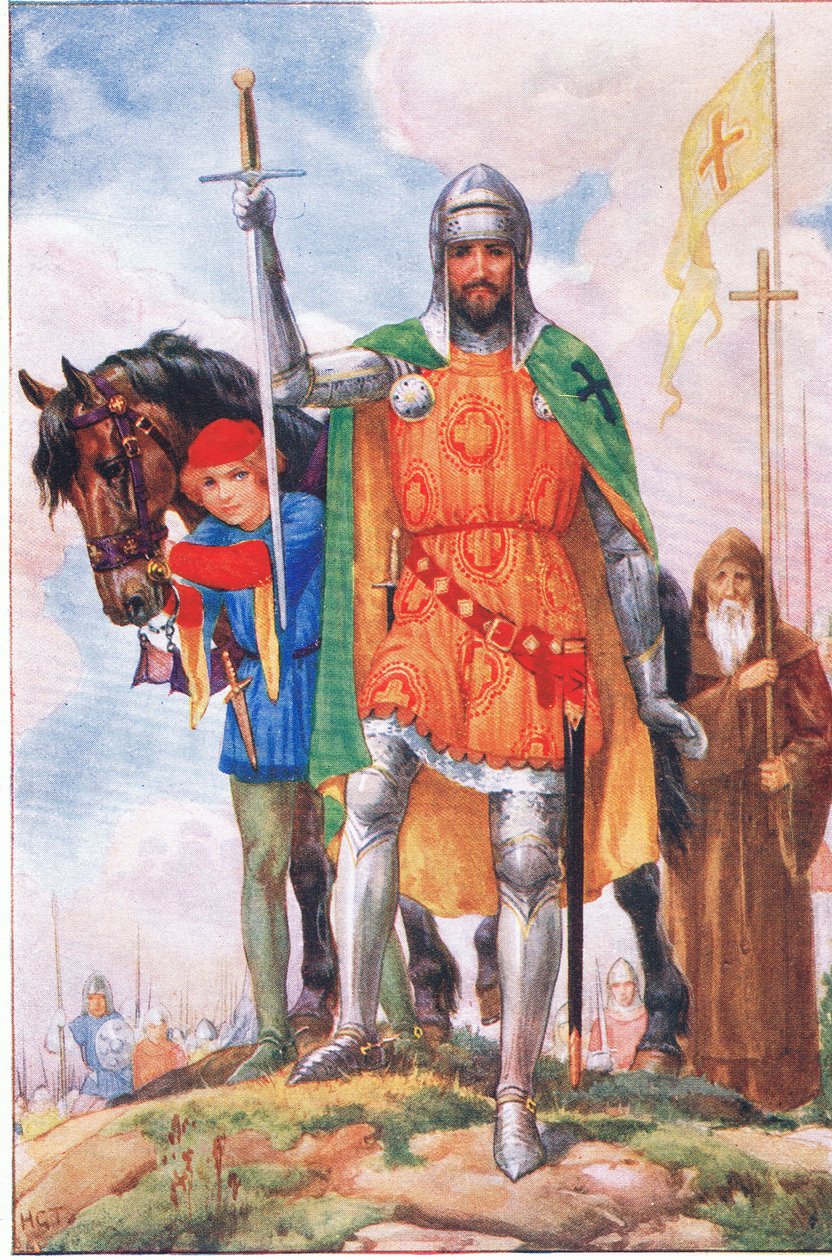 Stormästaren av Alicantara och eremiten (från Stormästaren av Alcantara), illustration från "Tales of Alhambra", ca 1940 (färglitografi) av Harry George Theaker