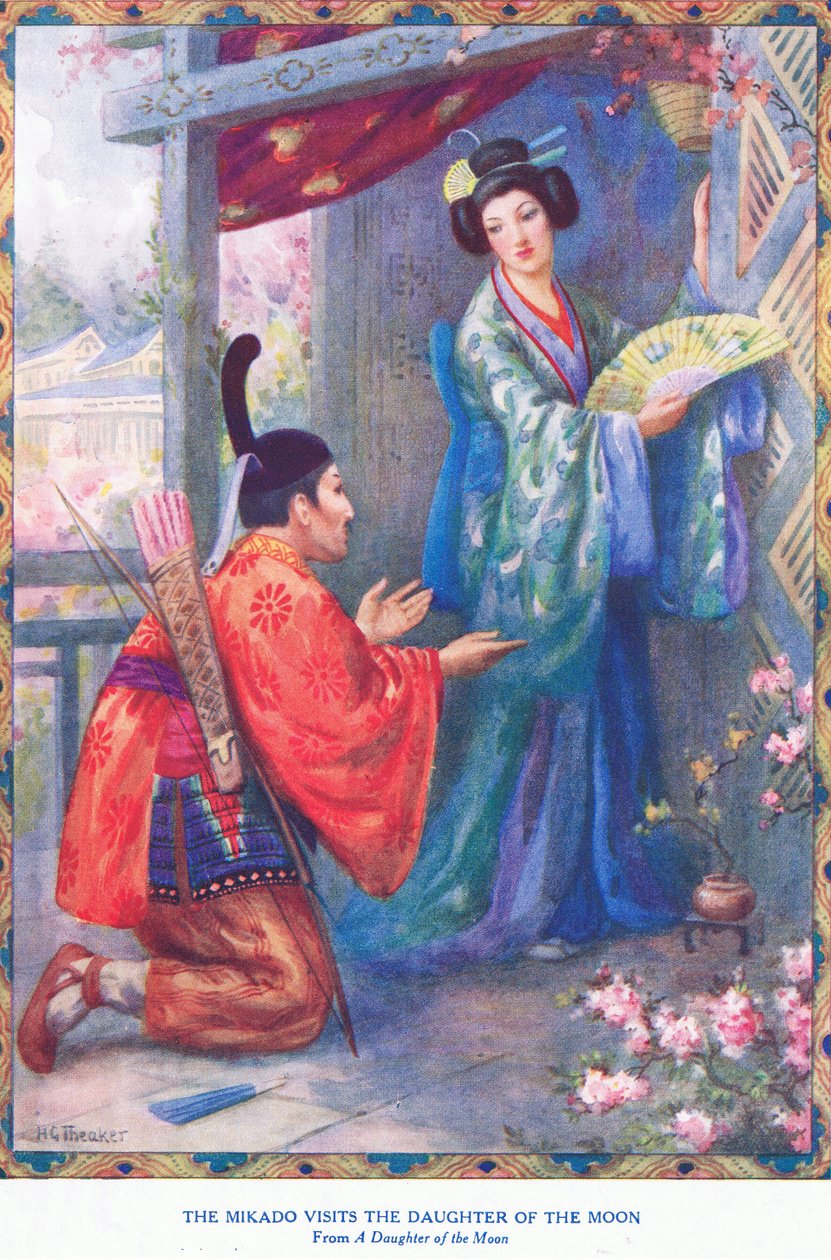 Mikadon på besök hos Månens dotter (ur Månens dotter) (litografi) av Harry George Theaker