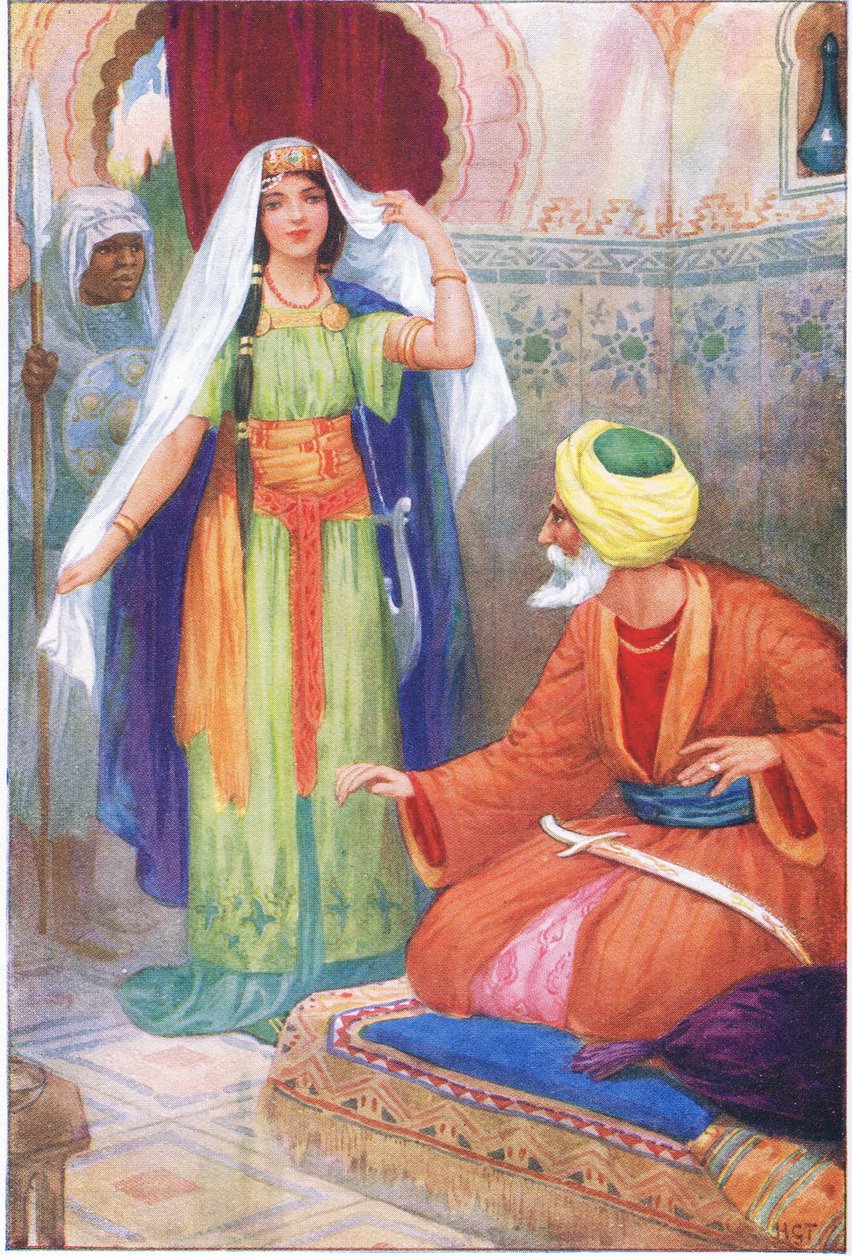 Den vackra fången och Aben Habuz (från berättelsen Den arabiske astrologen), illustration från "Tales of Alhambra", ca 1940 (färglitografi) av Harry George Theaker
