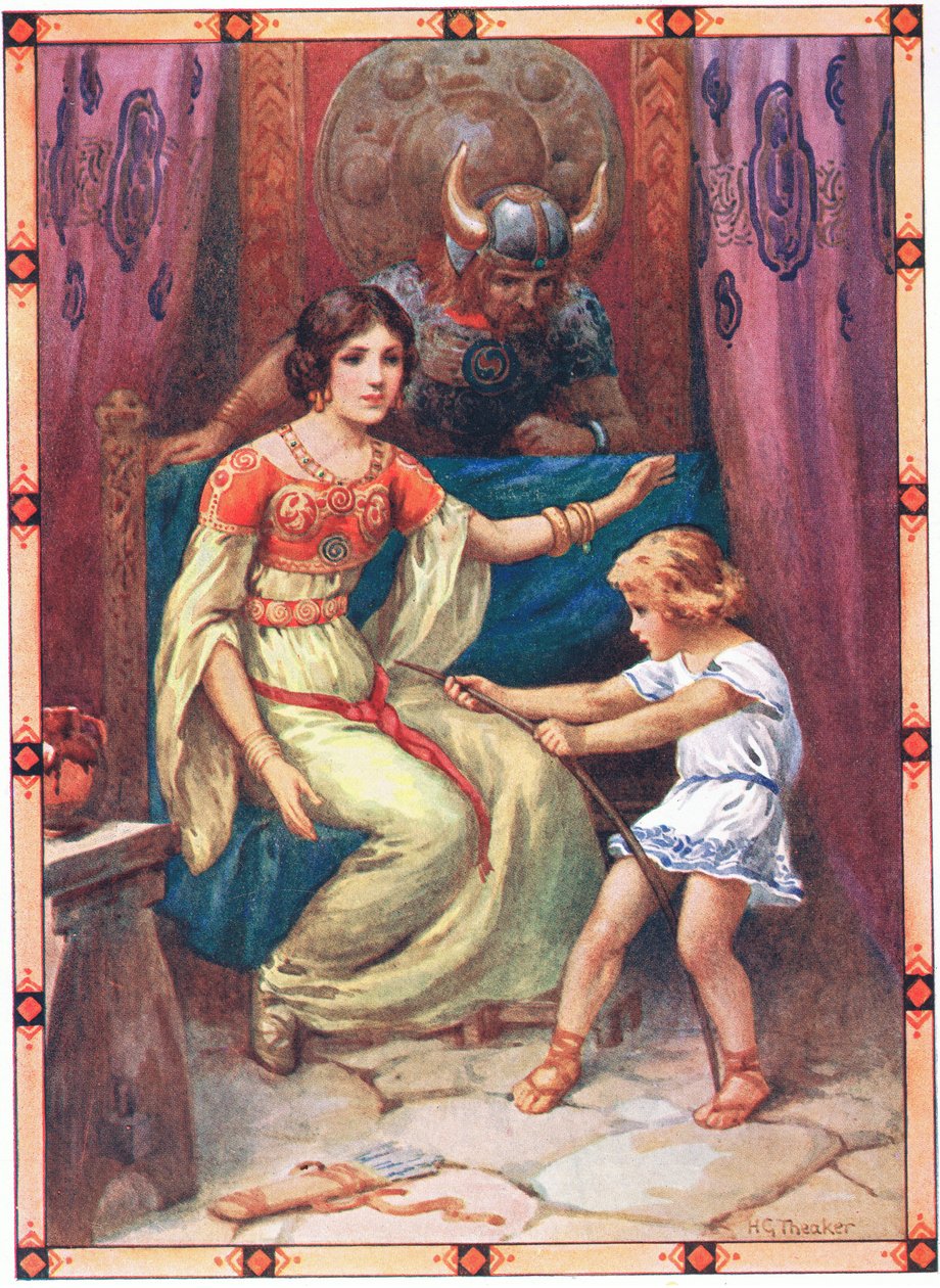 Barnet visade tecken på stor styrka (från Tyrant of the Isles) (färglitografi) av Harry George Theaker