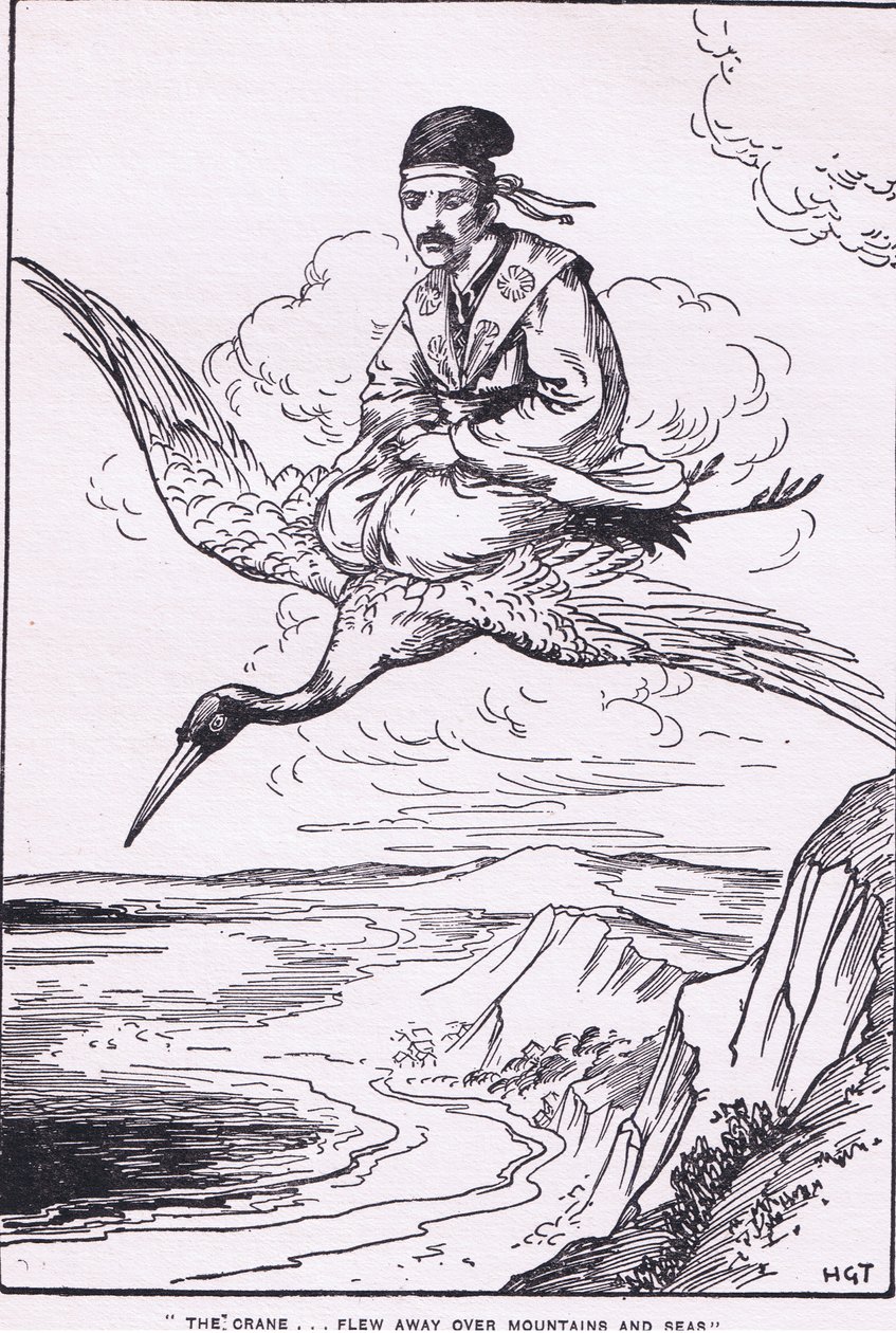 Tranan flög iväg över berg och hav (ur berättelsen om Sentaro) (litografi) av Harry George Theaker