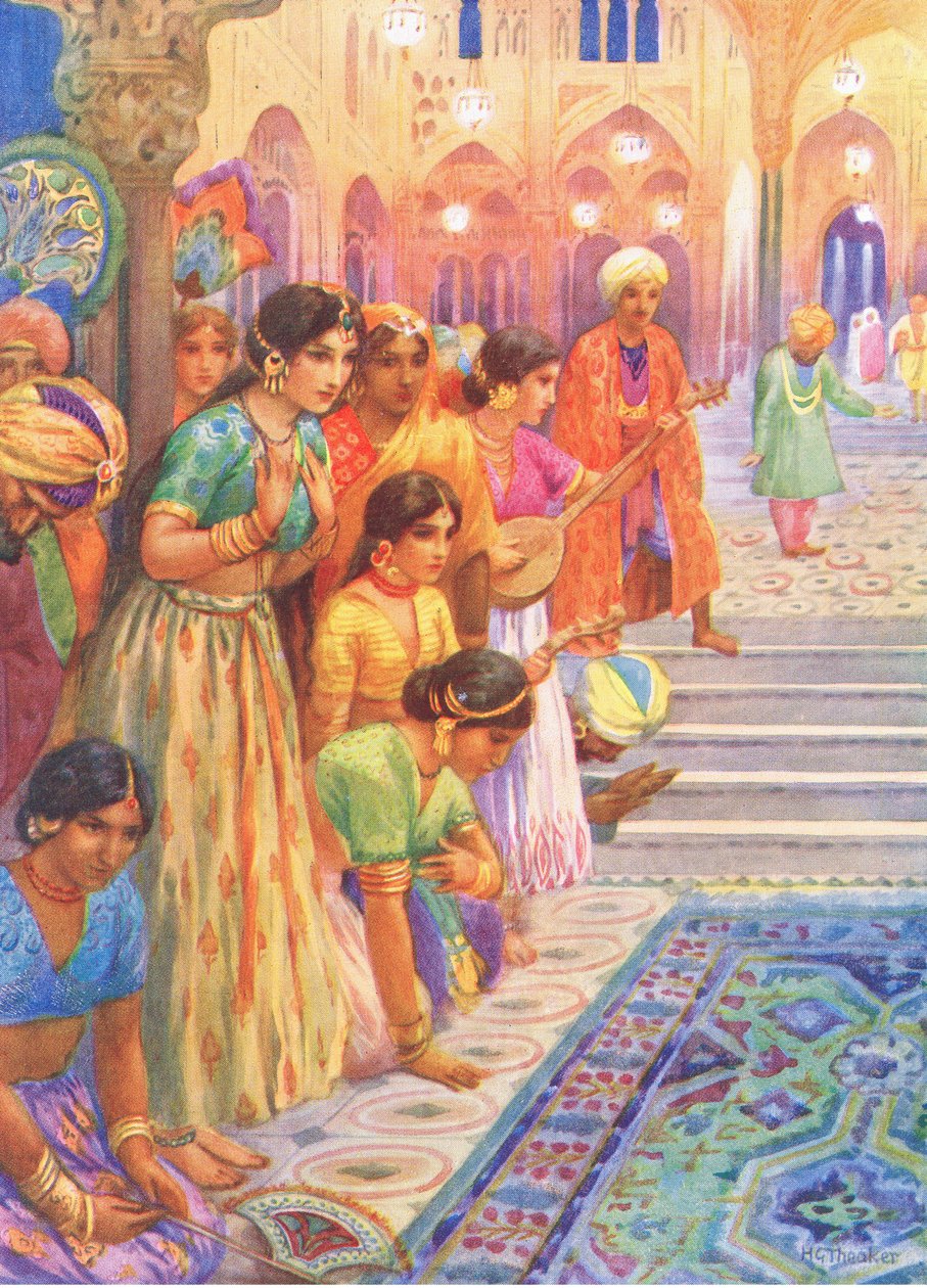Palatset i Lac. Från The Adventurous Brethren, illustration från "Childrens Stories from Indian Legends", ca 1930-talet (färglitografi) av Harry George Theaker