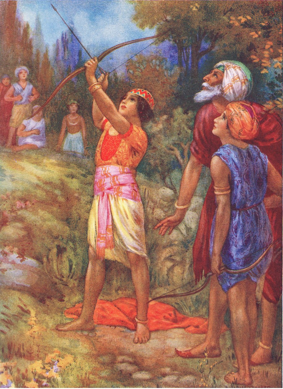 "Skrik då", ropade den gamle mannen motvilligt. Från Adventurous Brethren, illustration från "Childrens Stories from Indian Legends", ca 1930-talet (färglitografi) av Harry George Theaker