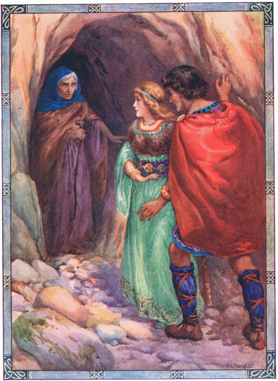 De kom till en grotta vid havet (från Diarmud och Grania) (färglitografi) av Harry George Theaker
