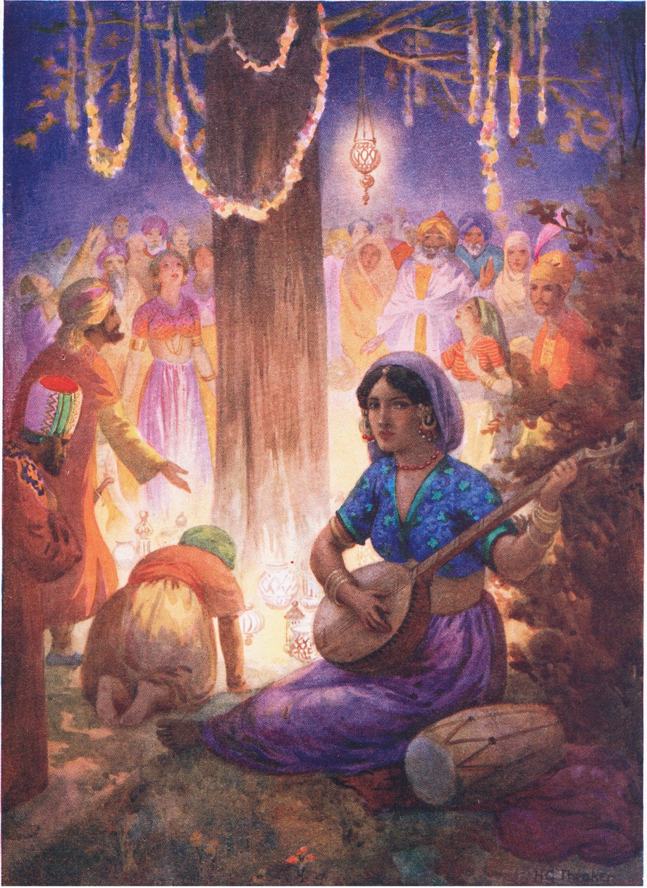 De kom med kransar, lampor och musik. Från kungakolonnen, illustration från "Childrens Stories from Indian Legends", ca 1930-talet (färglitografi) av Harry George Theaker
