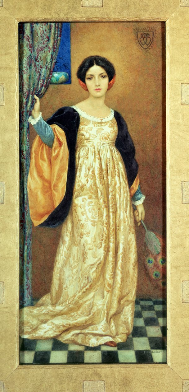 Kvinna med påfågelfläkt (akvarell) av Harry George Theaker