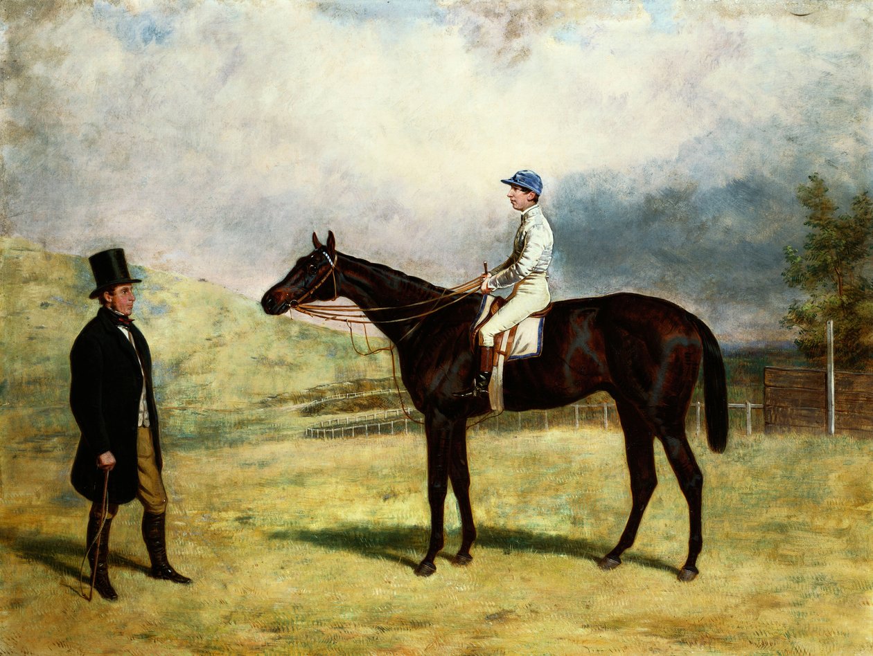 En gentleman vid sin kapplöpningshäst med Jockey Up on a Racecourse, 1863 av Harry Hall