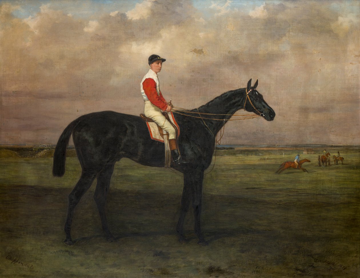 Chippendale-En kapplöpningshäst med jockey på Newmarket Racecourse, ca 1874 (olja på duk) av Harry Hall