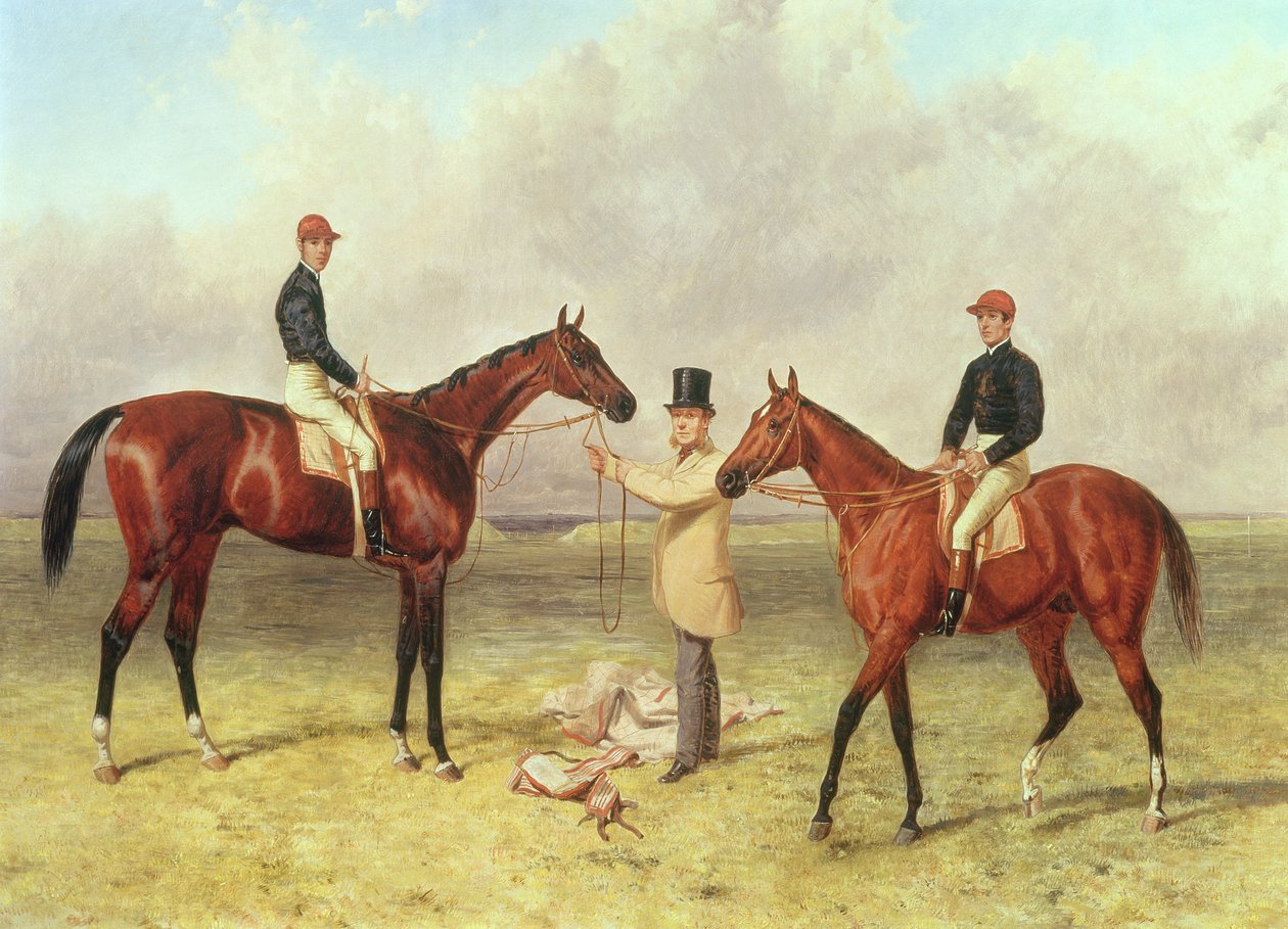 L till R Lord Lyon, vinnare av Derbyt, St. Leger och 2 000 guineas; Elland, vinnare av Ascot Gold Vase, ägd av Sir R. Sutton, tränad av James Dover, 1866 av Harry Hall