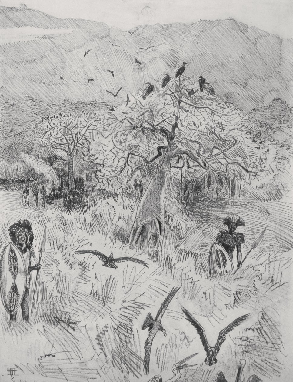 Masai Camp, ca 1884 (penna på papper) av Harry Hamilton Johnston