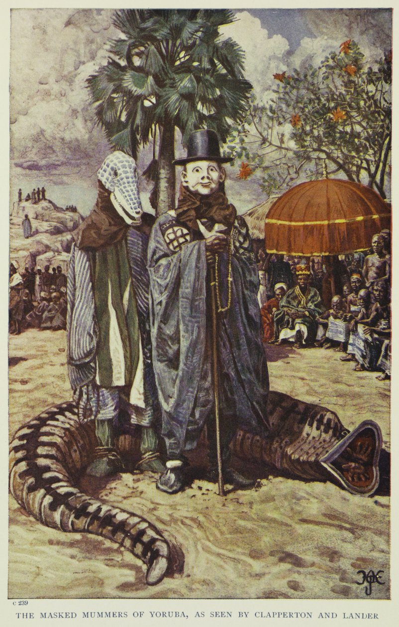 De maskerade mumrarna på Yoruba, sett av Clapperton och Lander, illustration från "Pioneers of West Africa", 1912 av Harry Hamilton Johnston