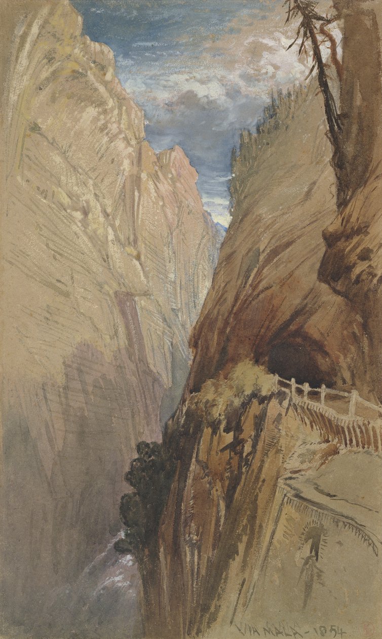 Via Mala, Schweiz, 1854, (wc & kroppsfärg på grått papper) av Harry John Johnson