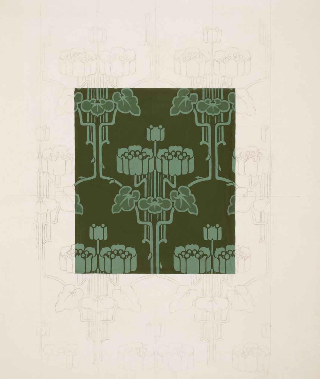 Design med blommor och löv (svart krita och gouache på papper) av Harry Napper