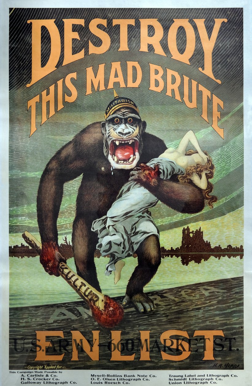 USA:s militära rekryteringskampanj "Förstör denna galna brute - värva" pub. 1917 av Harry R. Hopps