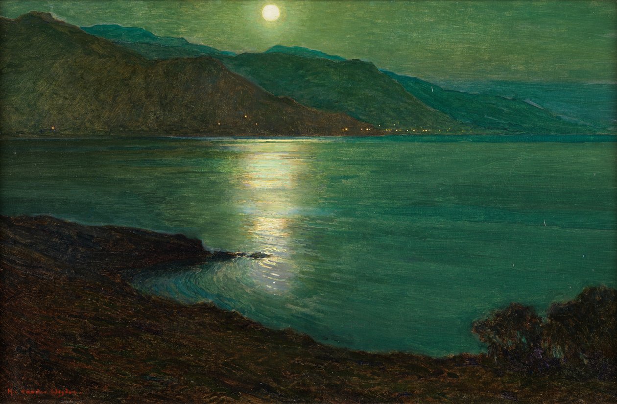 Moonlight - The Lights of Ventimiglia (olja på duk ombord) av Harry van der Weyden
