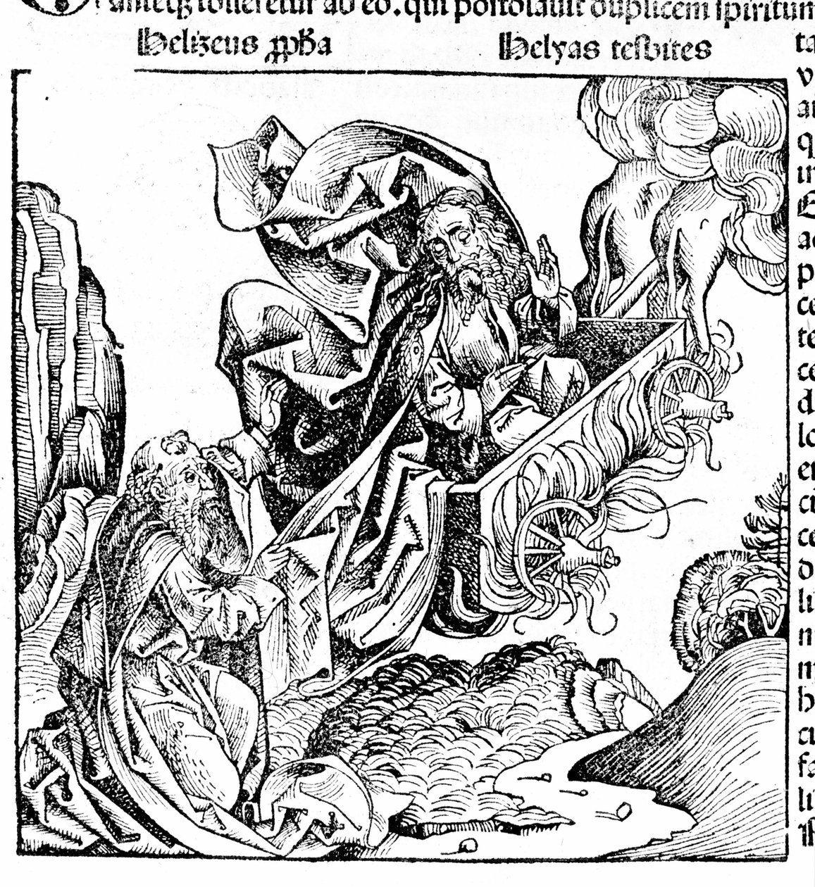 Elia reser sig i en eldvagn och lämnar sin egendom till Elisee. Hartmann Schedel: Krönika av Nürnberg. Nürnberg 1497 av Hartmann Schedel