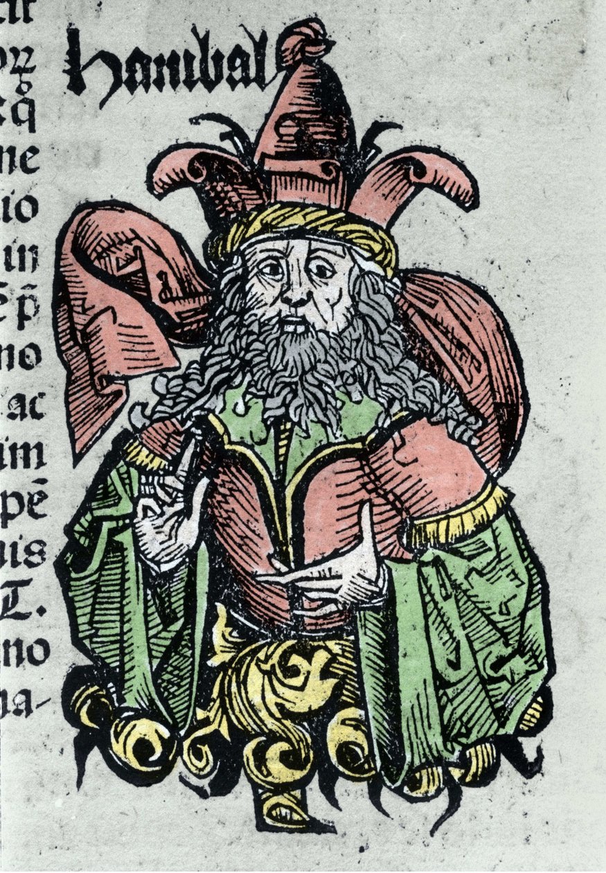 Porträtt av Hannibal eller Annibal Barca (247 f.Kr. - 183 f.Kr.), karthagisk general och statsman. Xylografi av "" Chronicles of Nuremberg"" av Hartmann Schedel av Hartmann Schedel