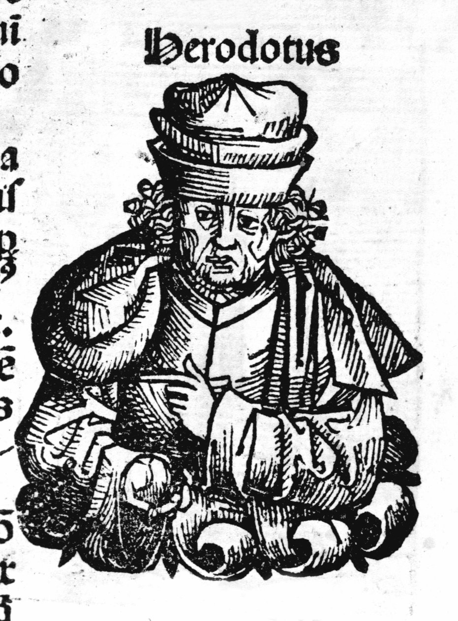 Porträtt av Herodotus (484 f.Kr. - 425 f.Kr.), grekisk historiker. Xylografi av Hartmann Schedel "" Chronicles of Nürnberg"" av Hartmann Schedel