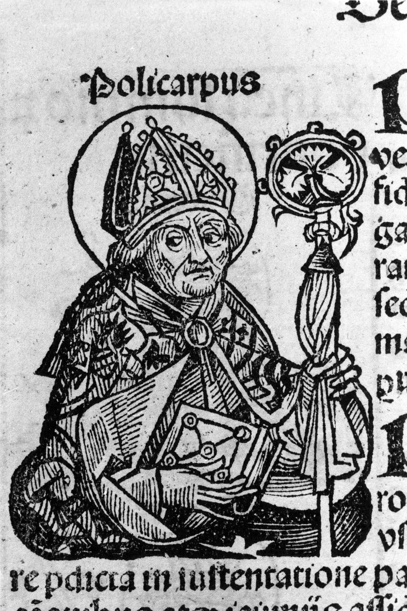 Porträtt av Sankt Polykarpus av Smyrna (ca 69-155), eveque. Gravyr från "" Chronicles of Nürnberg"" av Schedel Hartmann (1440-1514) av Hartmann Schedel