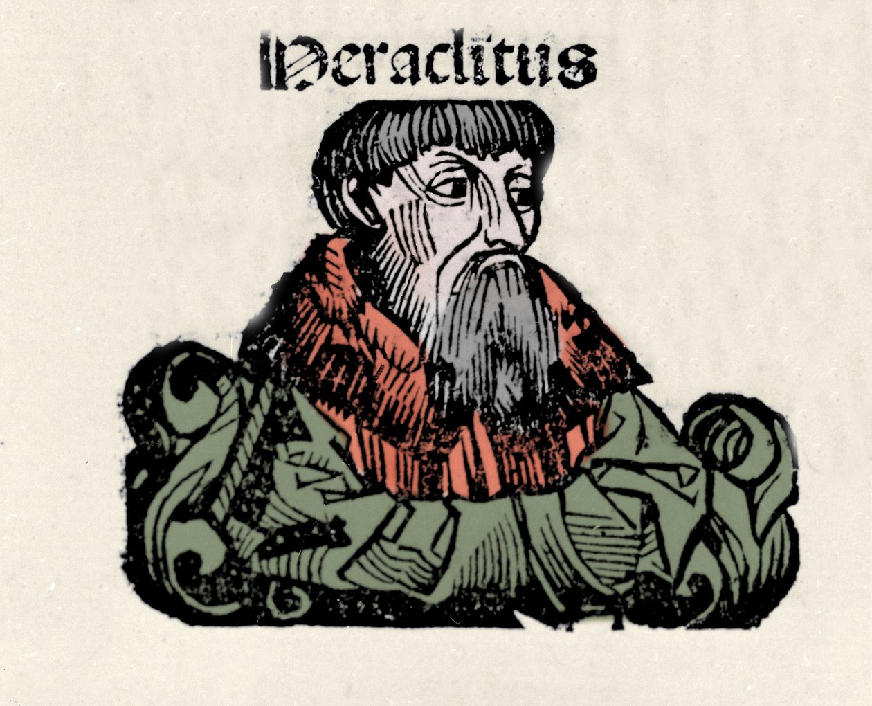 Porträtt av den grekiske filosofen Heraklit från Efesos (576-480 f.Kr.) (Heraklitus från Efesos). Xylografi av "" Chronicles of Nuremberg"" av Hartmann Schedel av Hartmann Schedel