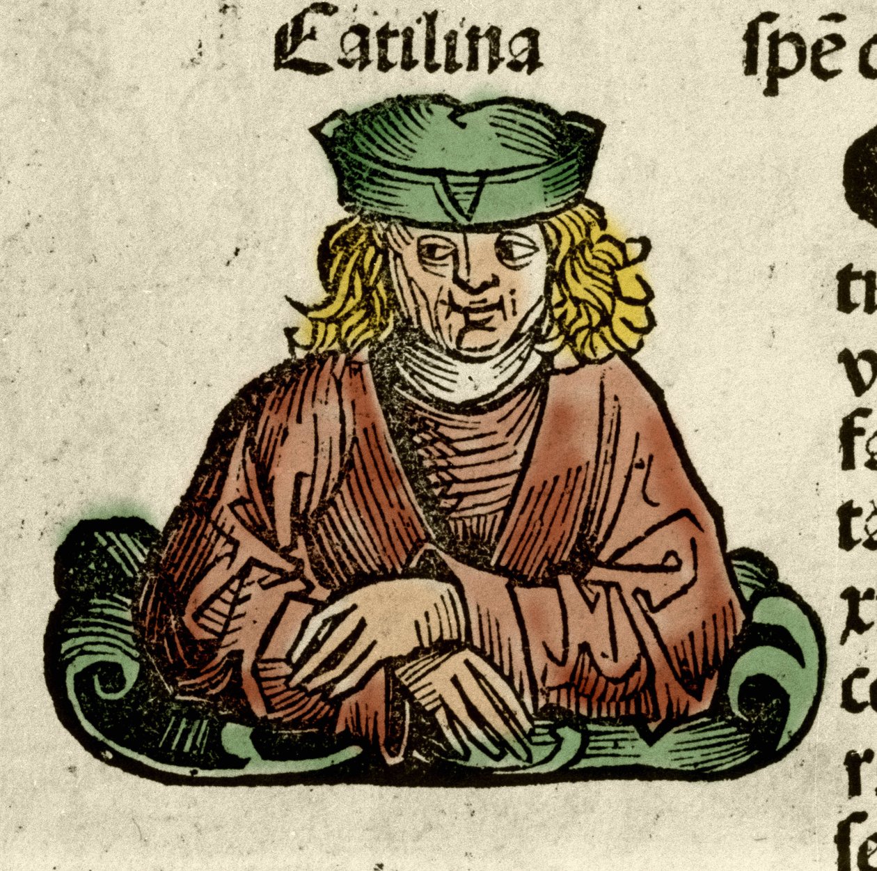 Representation av Catilina (Lucius Sergius Catilina) (108-62 f.Kr.), en romersk politiker som konspirerade mot senaten. Gravyr från "" Liber chronicarum"" av Hartmann Schedel av Hartmann Schedel