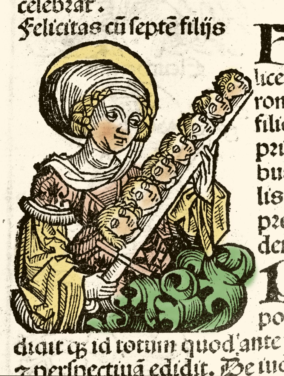Representation av Saint Felicite, martyrskap i Rom med sina sju barns huvuden. xylografi av Hartmann Schedel "" Chronicles of Nuremberg""" 1493. av Hartmann Schedel