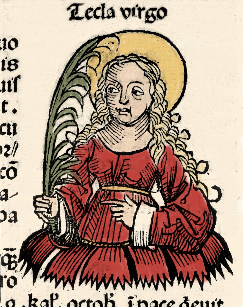 Representation of the Virgin and Martyrdom Thecle of Iconium (Santa Tecla) Xylography of "" Chronicles of Nürnberg""" av Hartmann Schedel av Hartmann Schedel