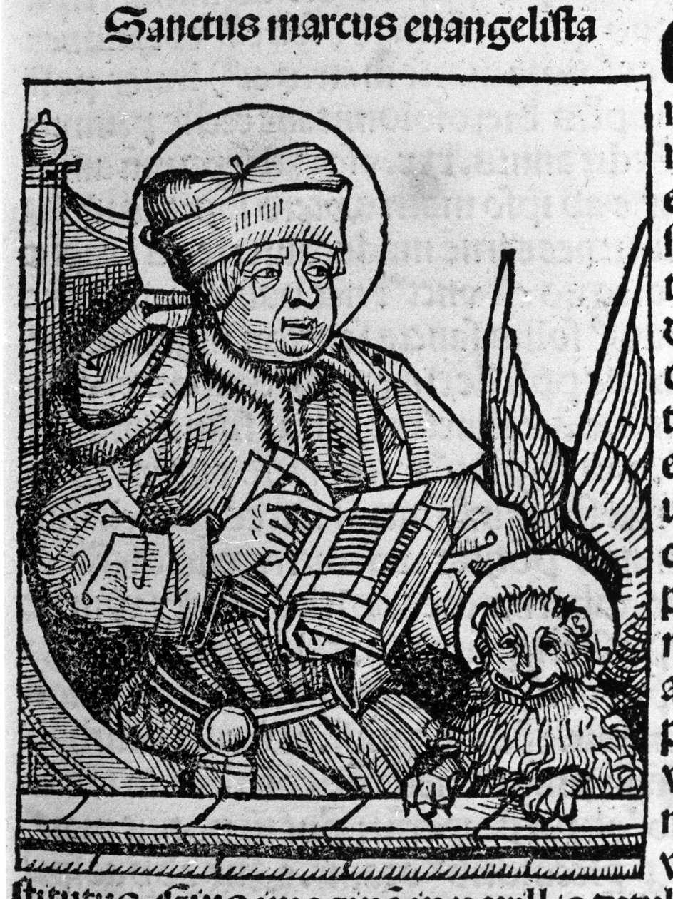Representation av evangelisten Sankt Markus. Gravyr från "Liber chronicarum" (Nürnbergskrönikor) av Hartmann Schedel 1493 av Hartmann Schedel