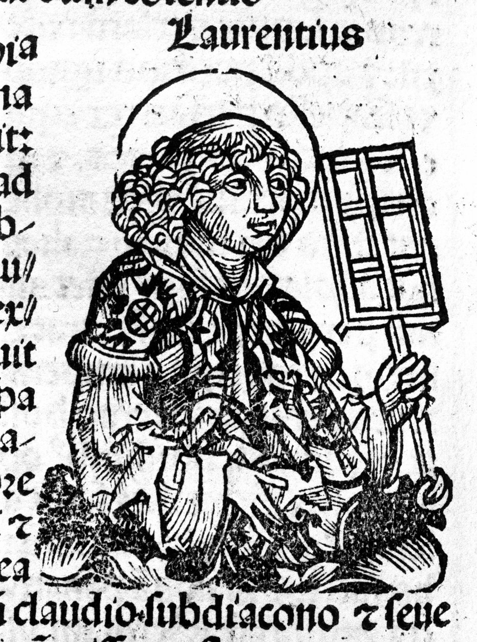 Saint Laurent håller grillen i sin hand, ett instrument för hans martyrskap. Gravyr från "Liber Chronicarum av Hartmann Schedel" av Hartmann Schedel