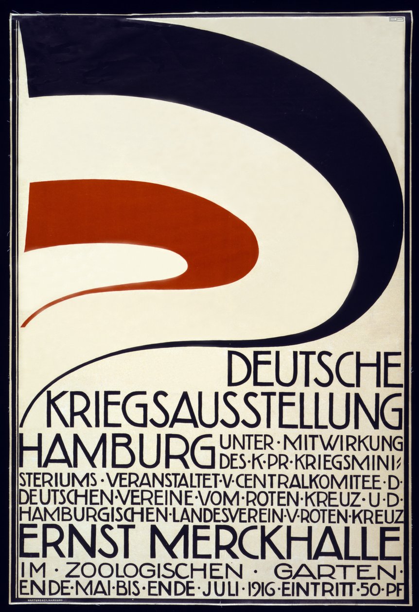Affisch som annonserar en krigsutställning sponsrad av Röda Korset Deutsche Kriegsausstellung, Hamburg maj - juli 1916, 1916 av Hartung and Co.