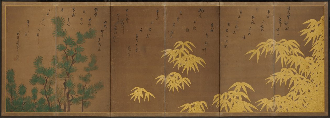 Bambu med kinesisk idegran, ca 1605-10 (vikskärm med sex paneler: bläck, färg  guld på papper) av Hasagawa & Sodon Tetsuzan (1531 1617) (attr.) Tohaku