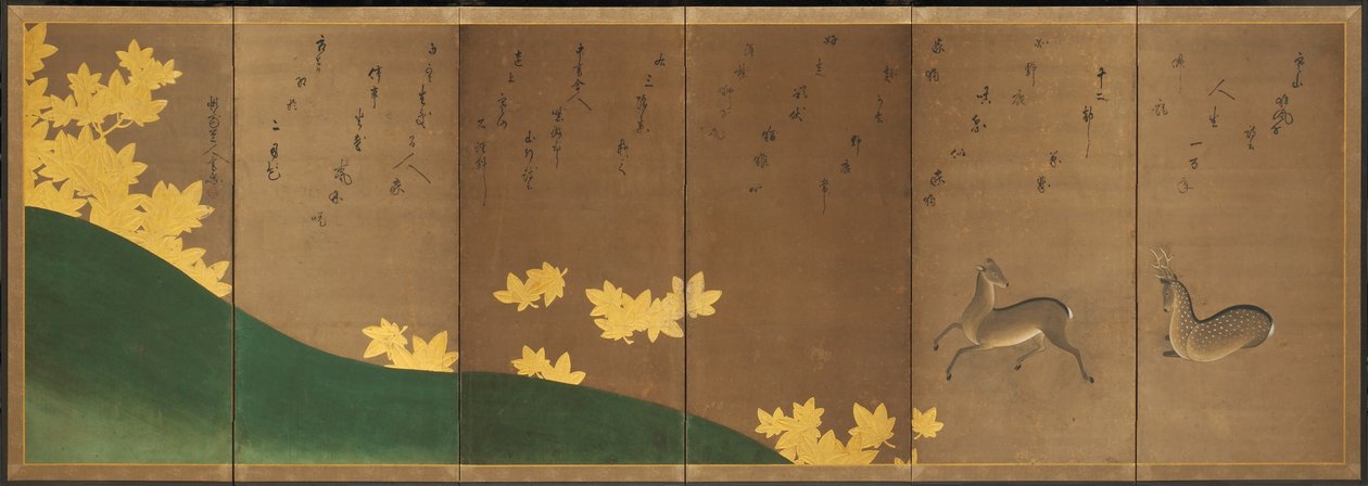 Hjort med lönn, ca 1605-10 (vikskärm med sex paneler: bläck, färg och guld på papper) av Hasagawa & Sodon Tetsuzan (1531 1617) (attr.) Tohaku