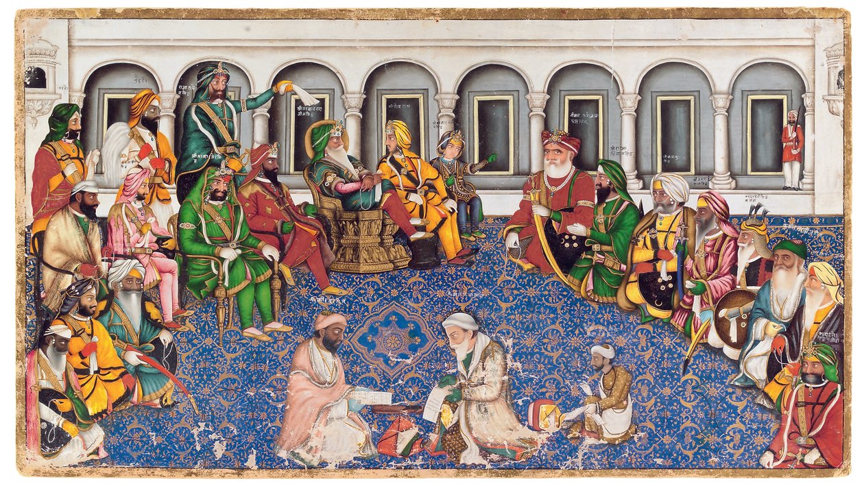 Maharaja Ranjit Singhs Darbar, ca 1850 (ogenomskinlig wc och guld på papper) av Hasan al Din