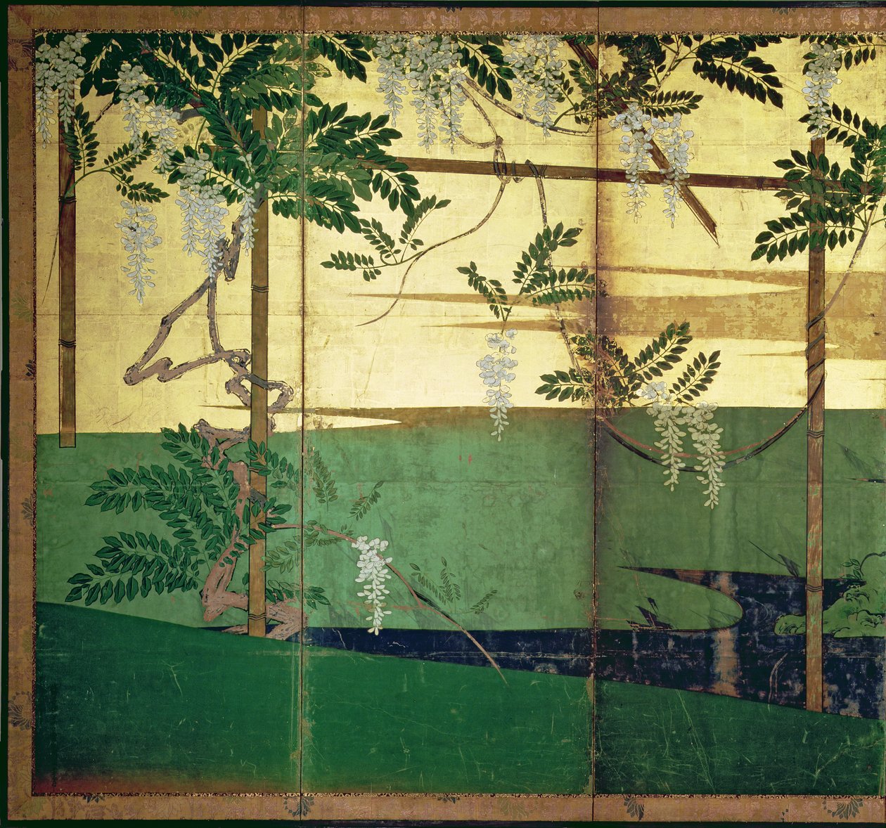 Wisteria i le fuga (peni ma le vaitusi, lanu, pepa auro i luga o le laupapa) (tagai 216564)swed av Hasegawa Soen