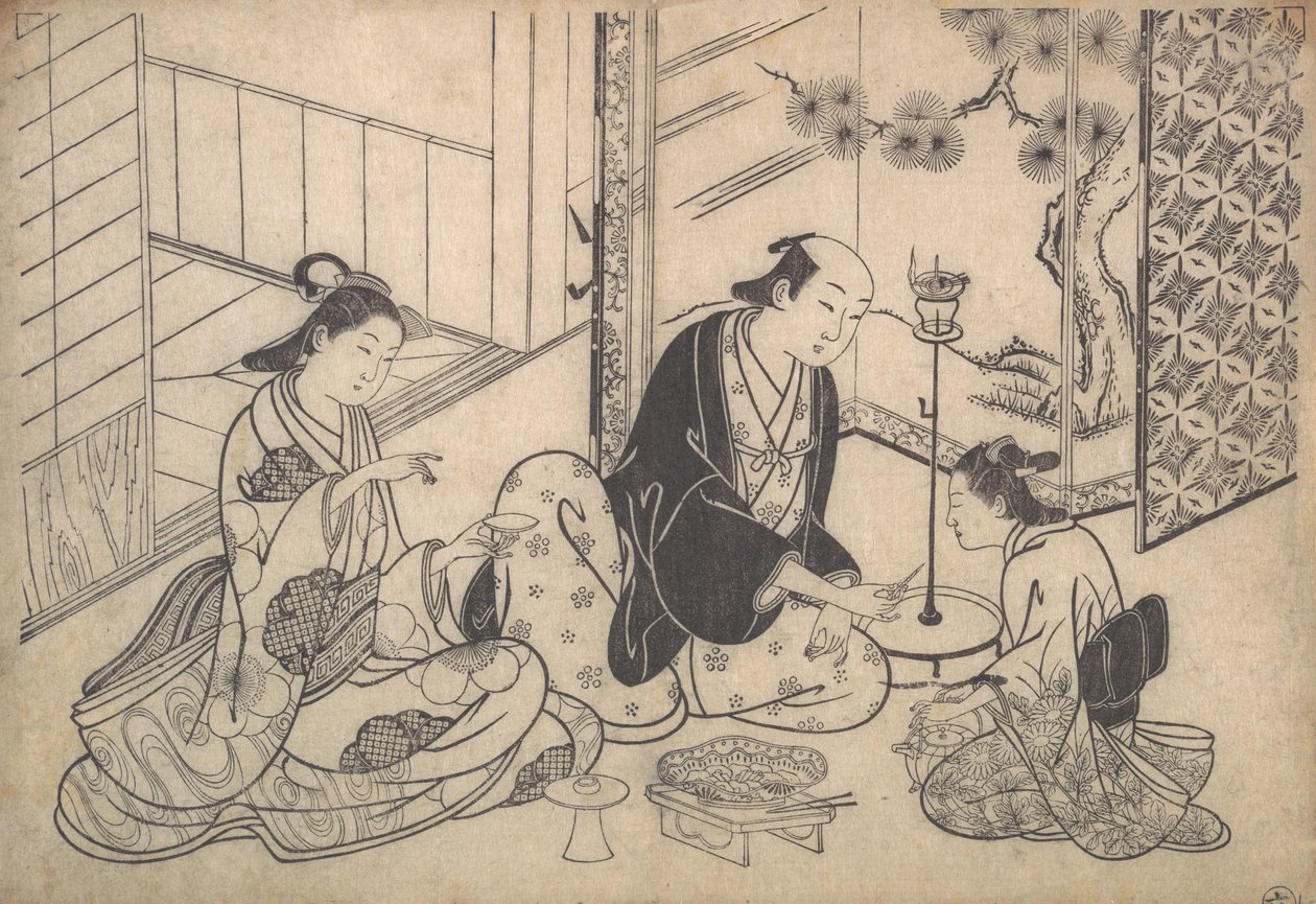 Interiör, tre figurer: Sake Party, ca. 1730. av Hasegawa Mitsunobu