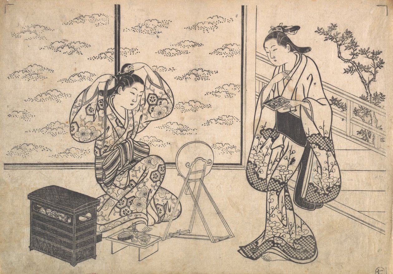 Två kvinnor i ett rum som öppnar på en veranda, ca. 1730. av Hasegawa Mitsunobu
