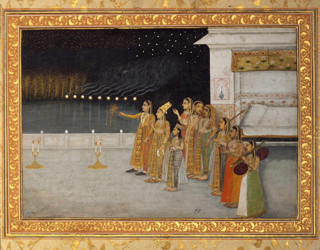 Damerna i det kejserliga haremet firar Shab-i Bara-kvällen, 1725-50 (ogenomskinlig wc och guld på papper) av Hashim