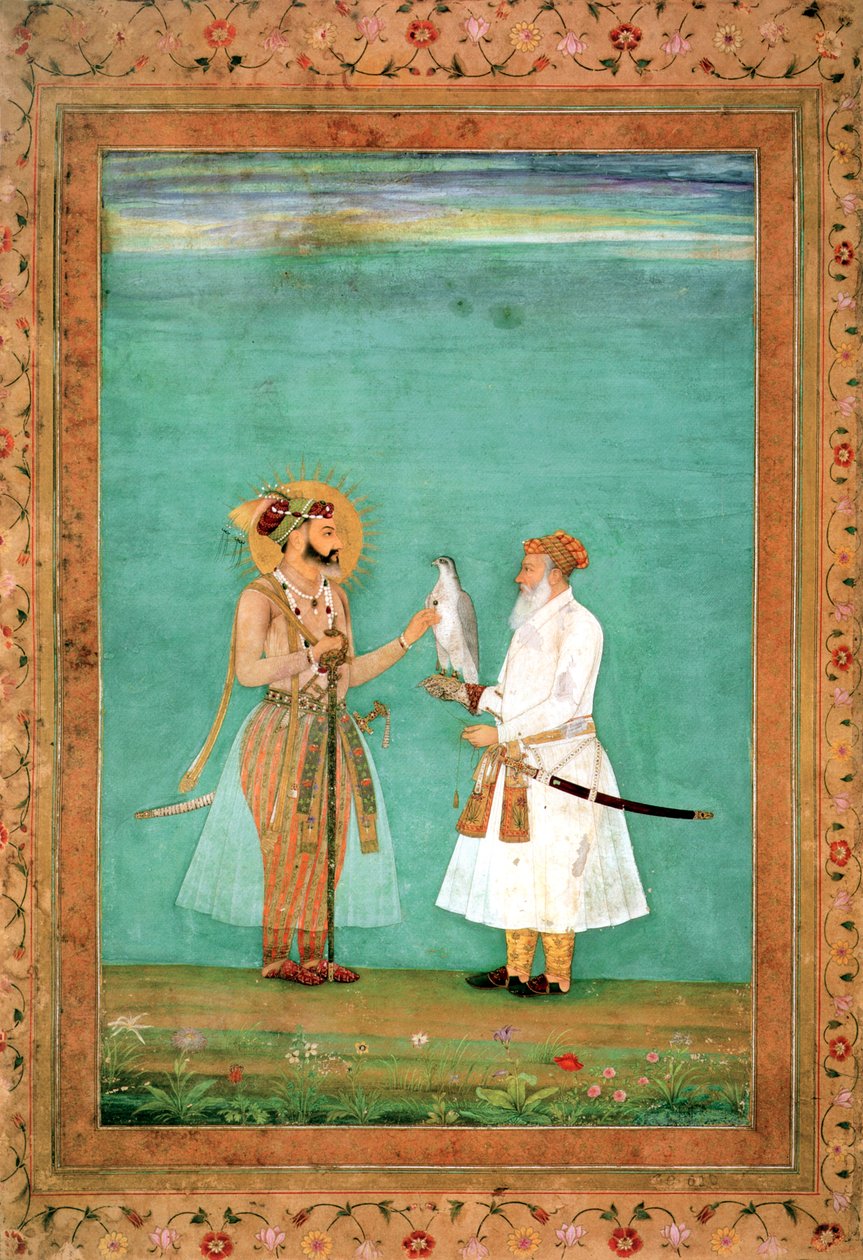 Kejsar Shah Jahan och en äldre hovman med en falk, ca 1650 av Hashim Hashim