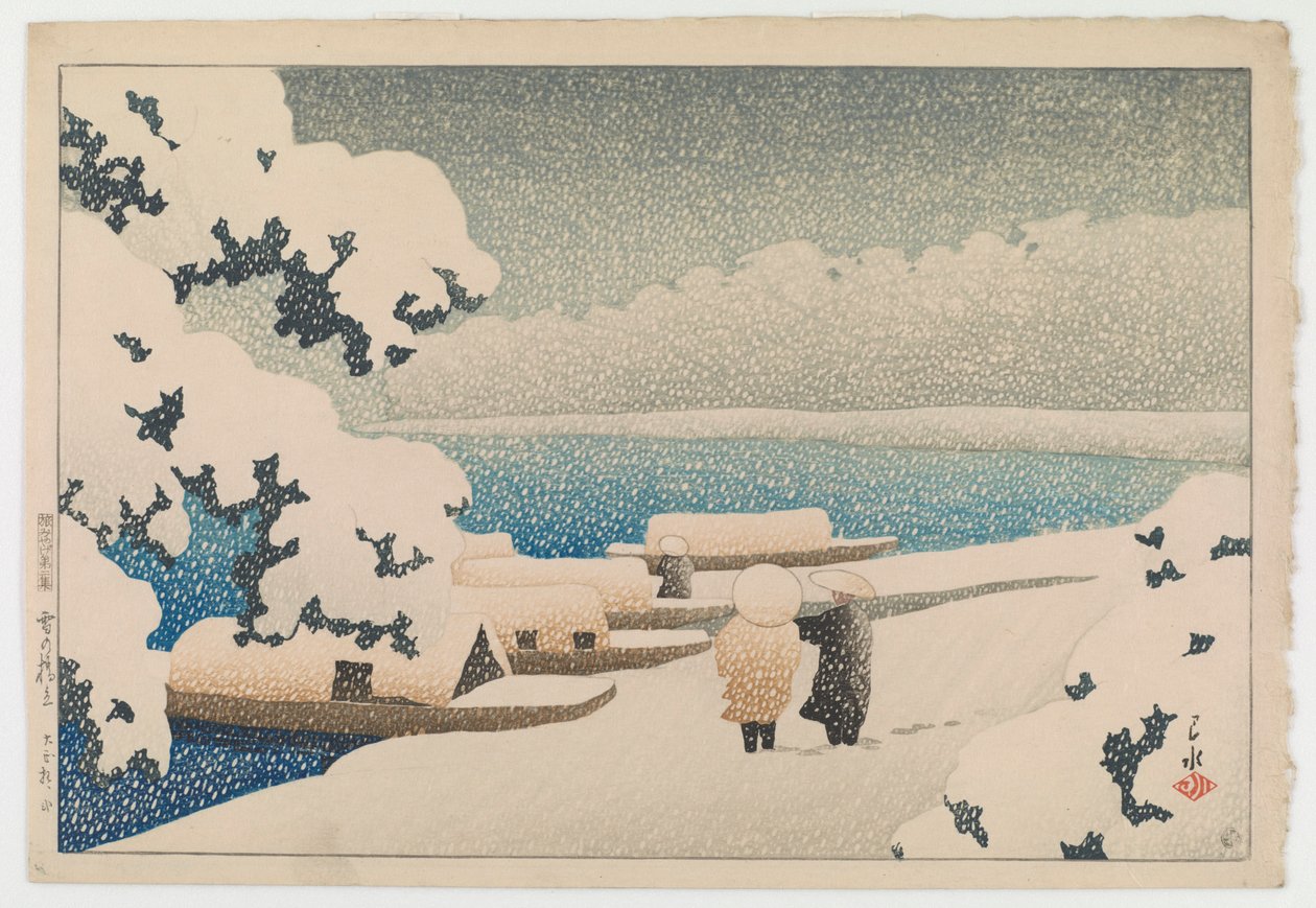 Snö vid Hashidate (Yuki no hashidate), från serien Souvenirs of Travel II (Tabi miyage dai nishū) av Hasui Kawase
