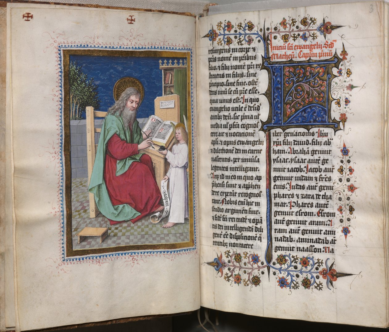 Evangelisk bok med evangelistporträtt: Dekorerad initial av Hausbuch Master
