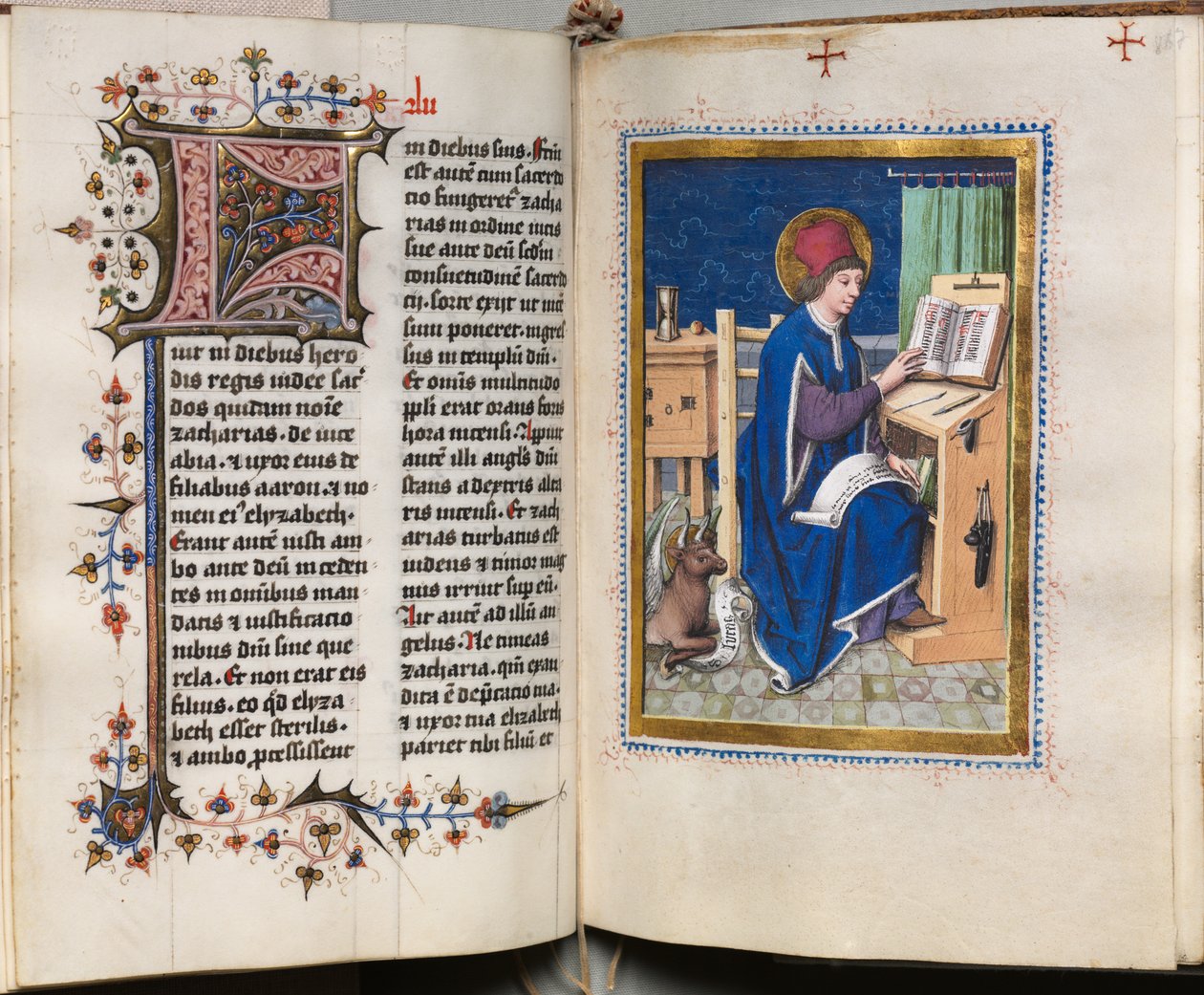 Evangelisk bok med evangelistporträtt: Dekorerad initial av Hausbuch Master