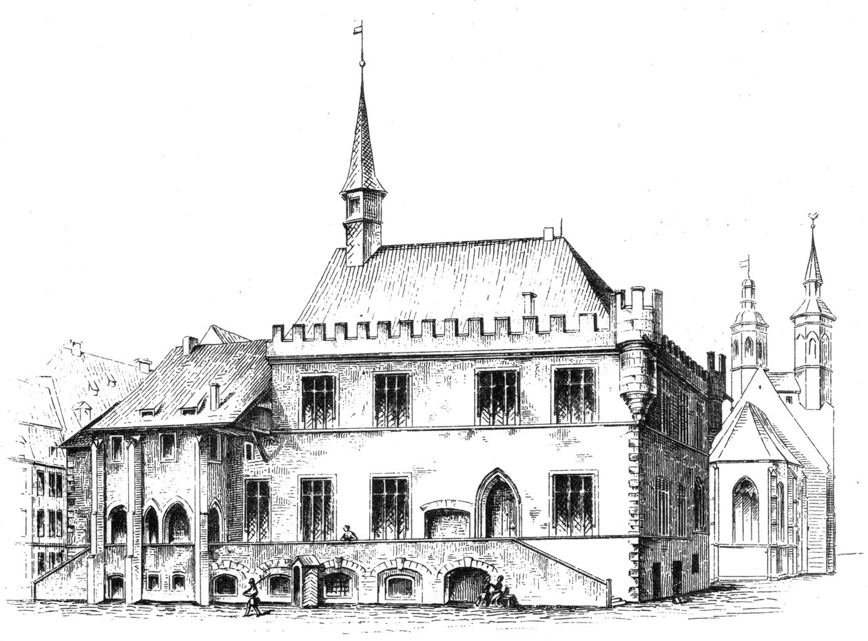 Gamla rådhuset i Göttingen, södra Niedersachsen, ritning av H. W. H. Mithoff 1869. Originaltextning av Hector Wilhelm Heinrich Mithoff