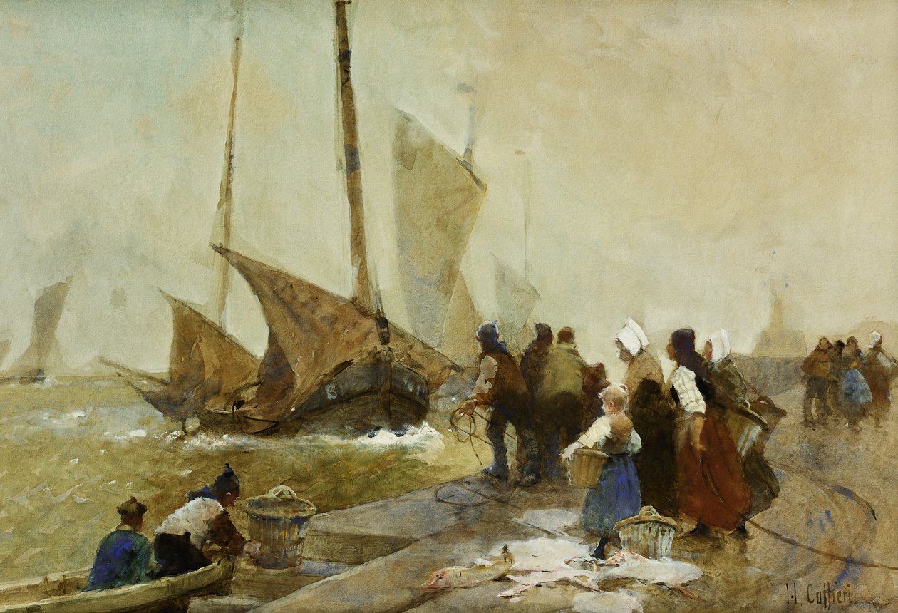 En livlig kajkant i Bretagne med fiskebåtar som återvänder, av Hector Caffieri