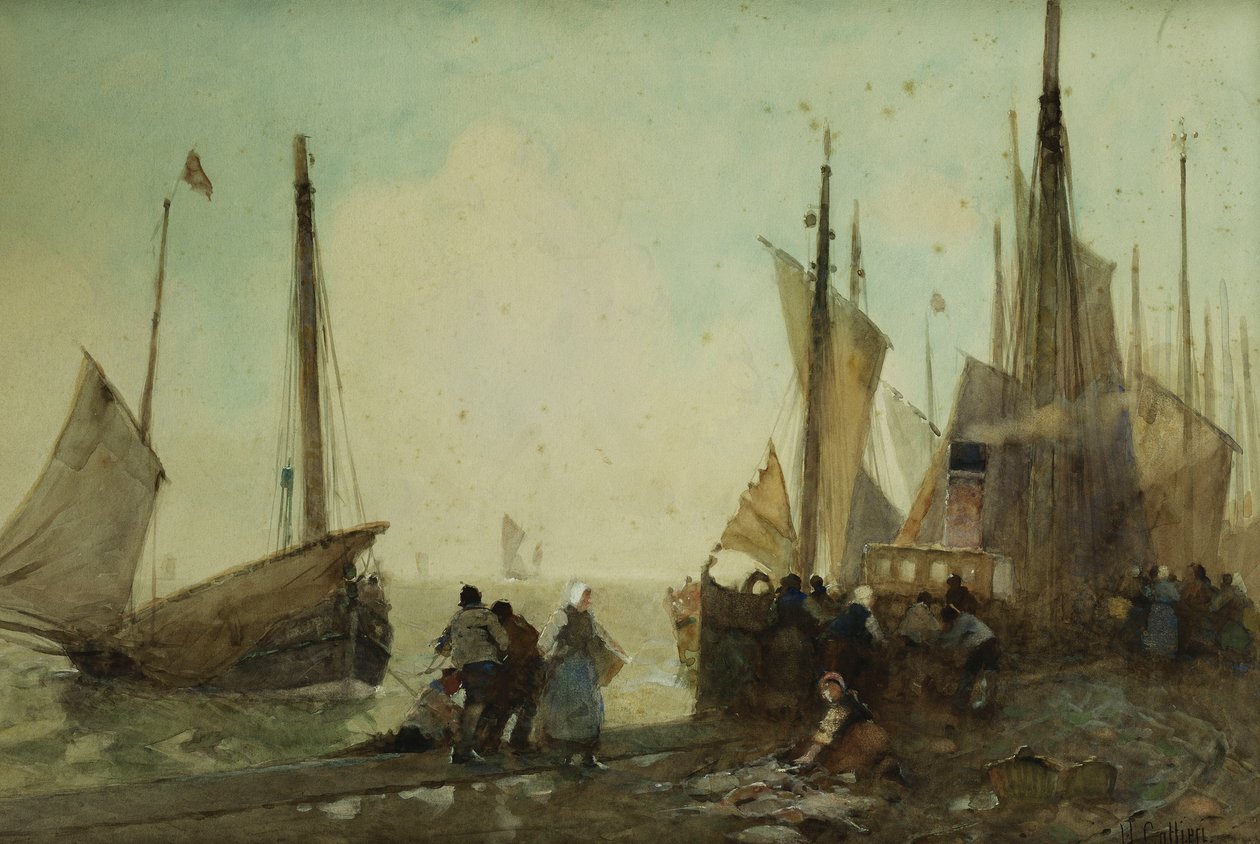Lossar fiskebåtar på kajen, Bretagne, av Hector Caffieri