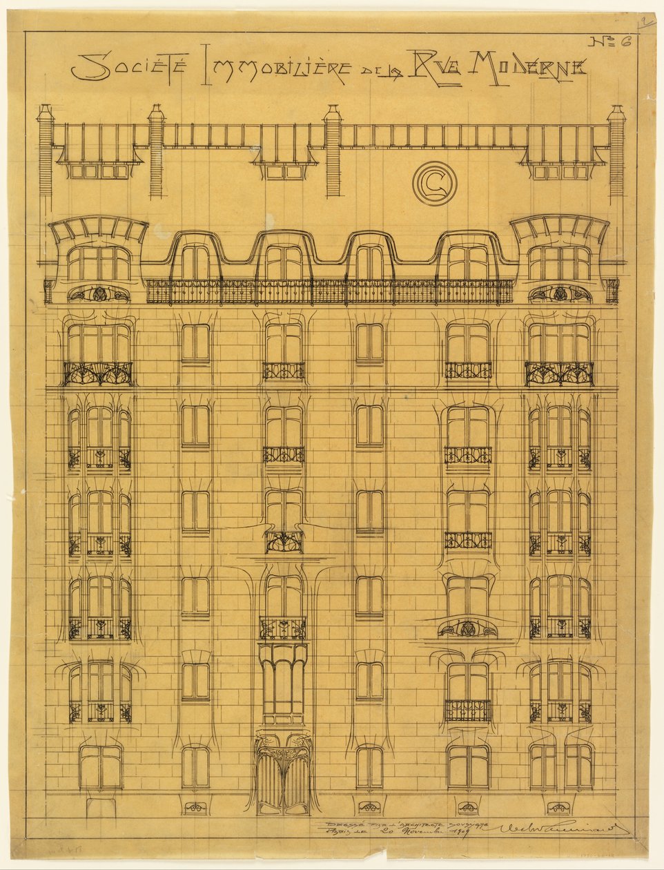 Design för fasaden av Societé Immobilière de la Rue Modern, nr 6 av Hector Guimard