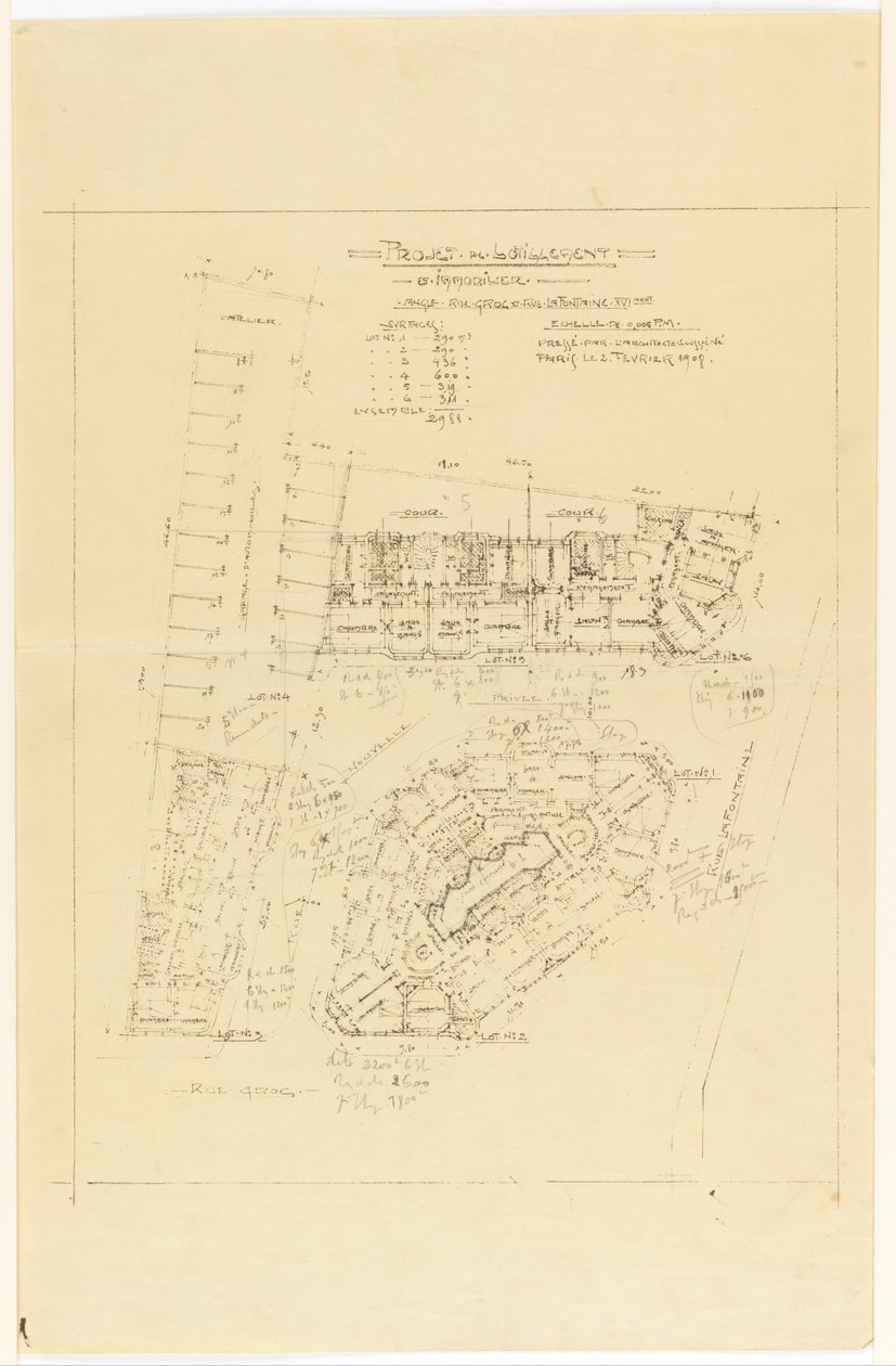 Plan, Project de Lotnement, rue Gros och rue de la Fontaine, Paris av Hector Guimard