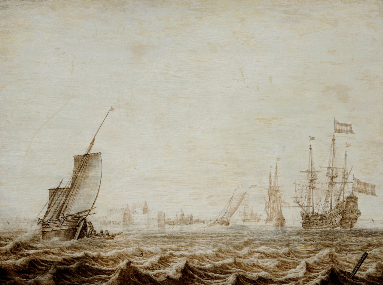 En Wijdschip som sänker segel i ett upprört hav, mitten av 1600-talet (olja på pannå) av Heerman Witmont