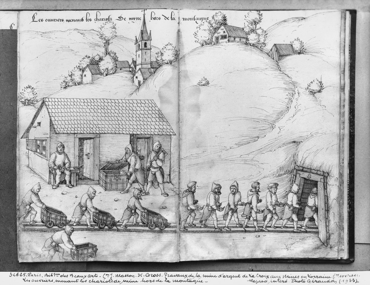 Silvergruvan i La Croix-aux-Mines, Lorraine, fol.10v och fol.11r, gruvarbetare som skjuter lastbilar, ca 1530 (penna och bläck och wc på papper) av Heinrich Gross or Groff