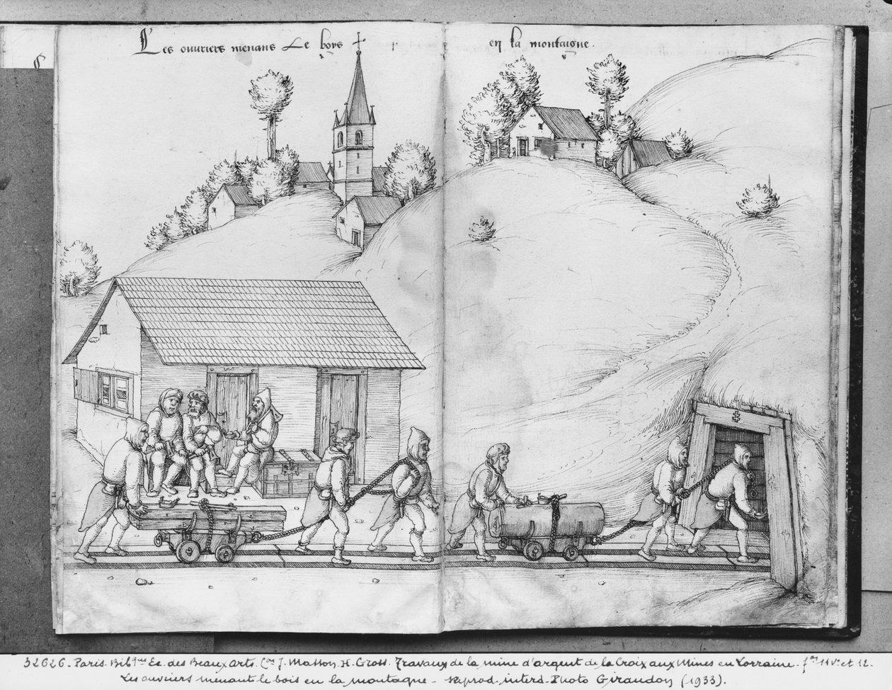 Silvergruvan i La Croix-aux-Mines, Lorraine, fol.11v och fol.12r, gruvarbetare som för in virke i gruvan, ca 1530 (penna och bläck och wc på papper) av Heinrich Gross or Groff