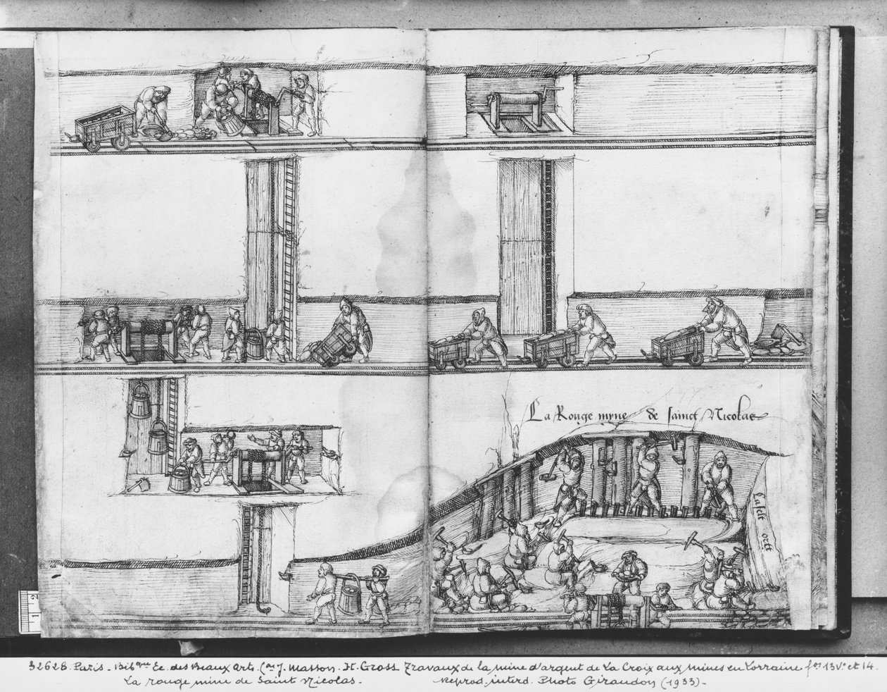 Silvergruvan i La Croix-aux-Mines, Lorraine, fol.13v och fol 14r, St Nicholas röda gruva, c.1530 (penna och bläck och wc på papper) av Heinrich Gross or Groff